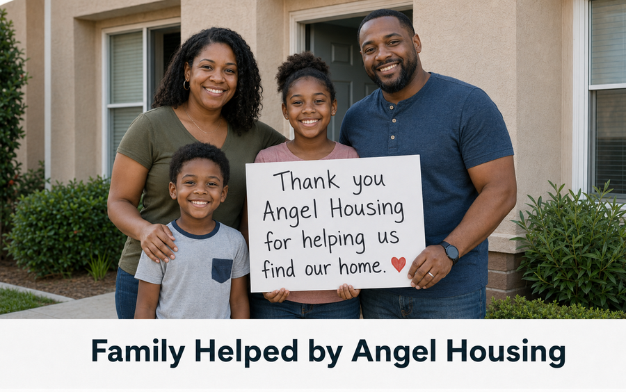 A family standing at their new home
